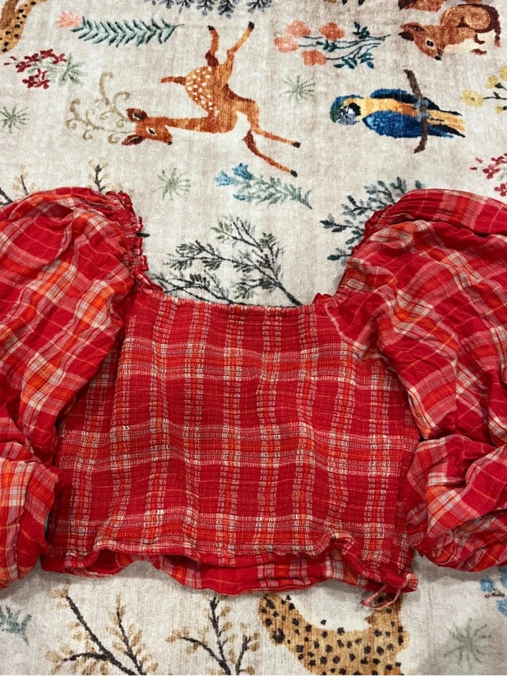 Free People Red Plaid Puff-Sleeve Crop Blouse